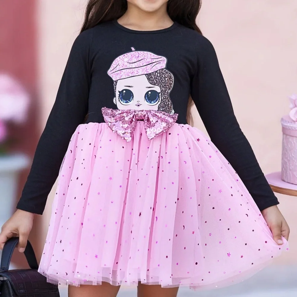 MIA BELLE L.O.L. SURPRISE Girls long sleeve black pink sparkle tutu dress NWT 8